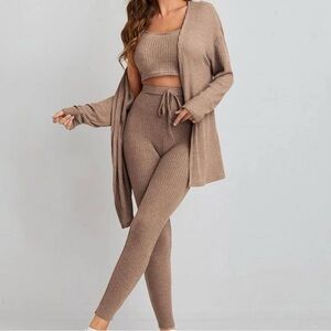 Shein 3 Pc Waffle Knit Crop Tank Top, Cardigan & Pants Outfit Lounger